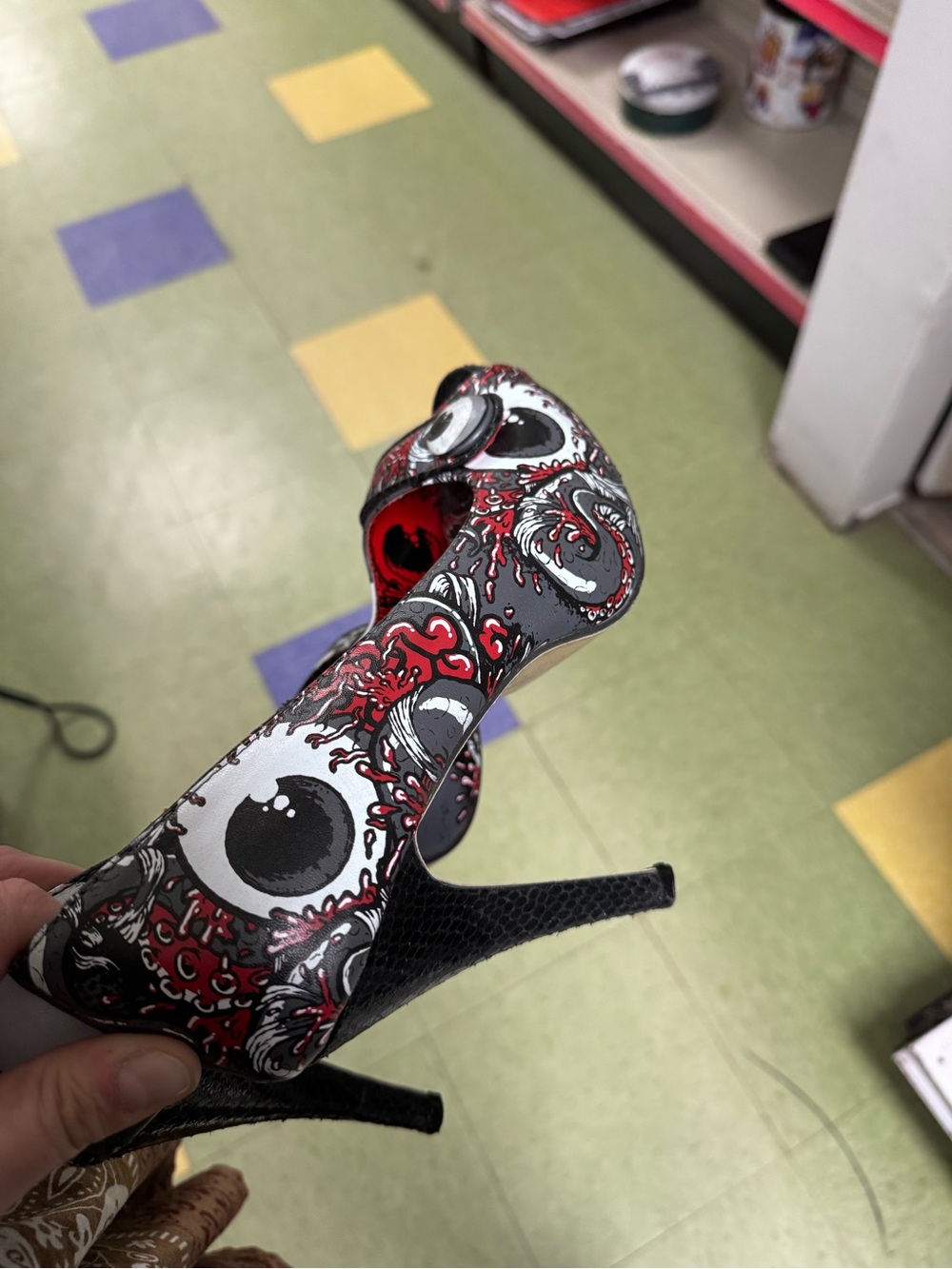 Iron Fist Black & Red Graphic Peep-Toe Heels with Eyeball Motif - Picture 3 of 3